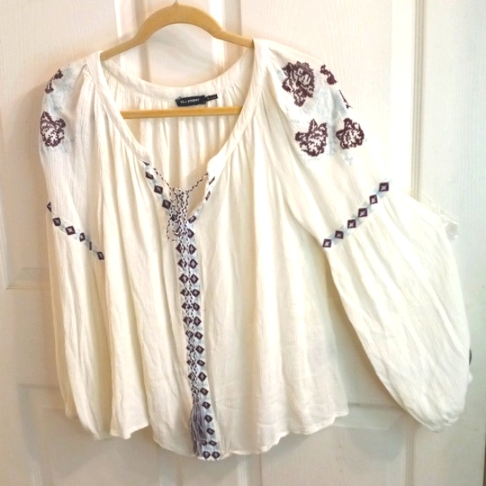 Blu Pepper Large Boho  Top Tunic Blouse Embroidered Tassel Tie Flowy Gau…